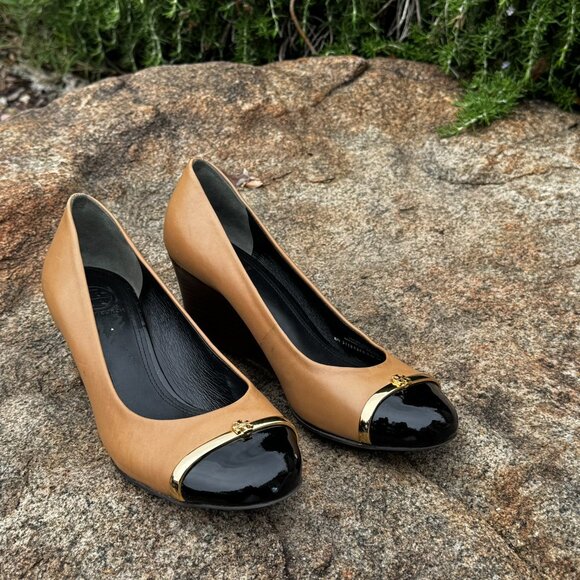 Tory Burch Womens 7.5 Pacey Wedge Pump Shoe Cap Toe Tan Leather - Picture 3 of 11